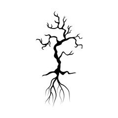 Bare Tree Silhouette with Root. Black Vector Illustration