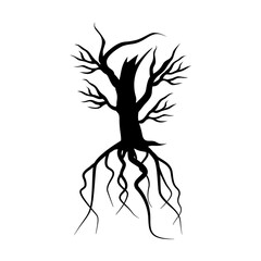 Bare Tree Silhouette with Root. Black Vector Illustration