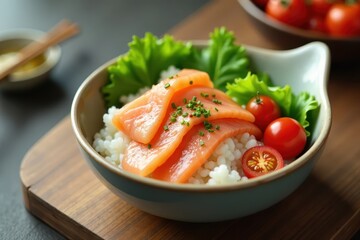 fox-shaped rice bowl with pink salmon and cherry tomatoes, animal shape, cherry tomatoes