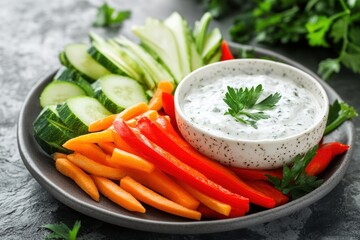 Fresh vegetable platter with creamy herb dip - red peppers, carrots, cucumbers