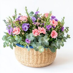 Colorful flower arrangement in a woven basket