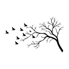 Branch with flying birds vector silhouette