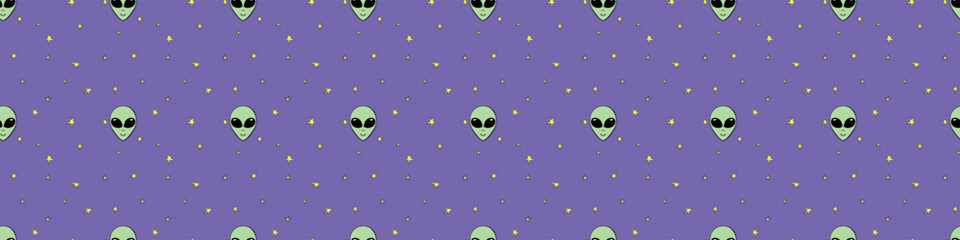 Seamless pattern with Aliens green heads in doodle flat style. Humanoids, visitors, Martians. Vector illustration, wallpaper on theme of space, UFO, conspiracy theory, Sci-fi, fantastic