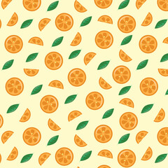 This is a bright illustration with orange slices and green leaves on a light background. The orange slices and leaves are arranged in a harmonious order, creating a feeling of freshness and sunny mood