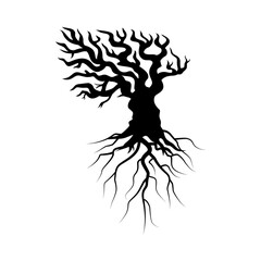 Bare Tree Silhouette with Root. Black Vector Illustration