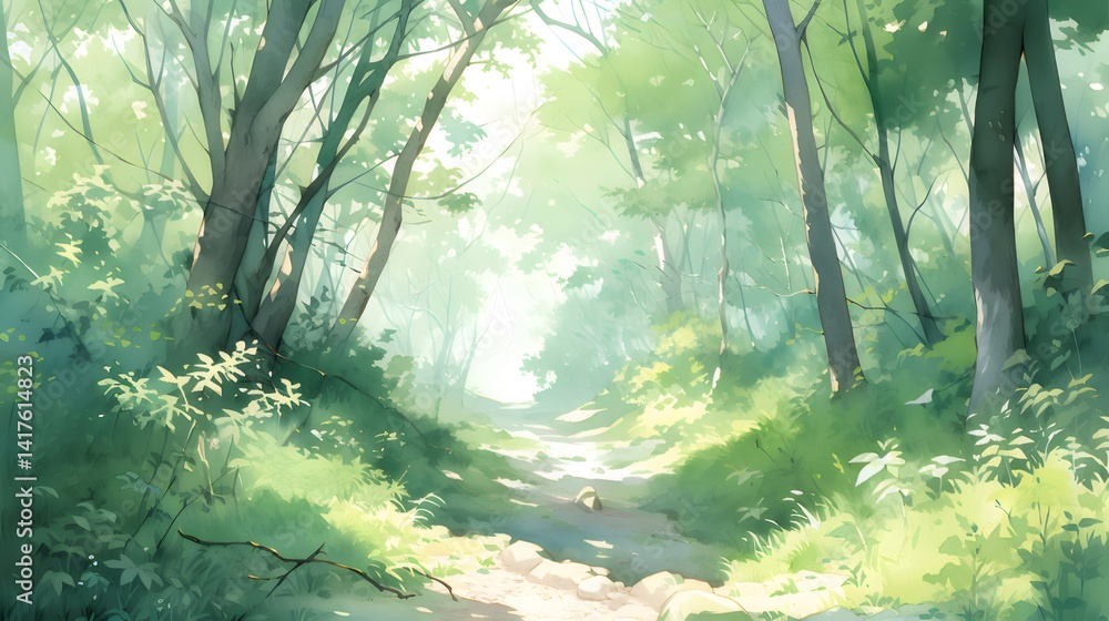 Aufkleber 水彩画の森の中の小道 光と緑が織りなす美しい風景 自然の風景画 春夏の穏やかな情景