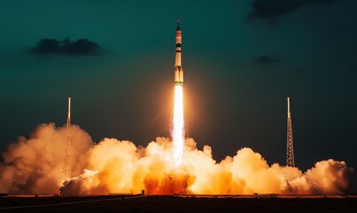 Rocket Launch Against Night Sky with Flames and Smoke at Liftoff