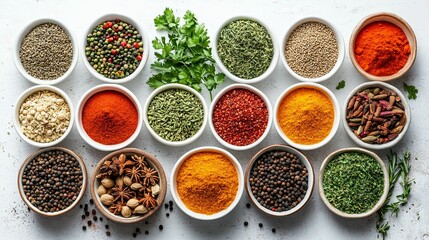 Assorted spices in small white bowls arranged on a light surface.
