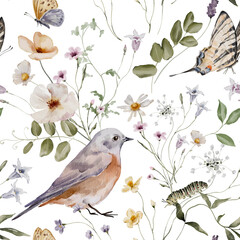 Watercolor Seamless Pattern Background with Summer Meadow Flowers and Herbs