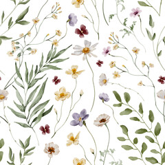 Watercolor Seamless Pattern Background with Summer Meadow Flowers and Herbs
