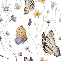 Naklejka premium Watercolor Seamless Pattern Background with Summer Meadow Flowers and Herbs