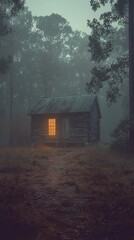 A secluded woodland cabin shrouded in mist with a welcoming warm light emanating from inside