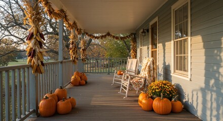 Autumn porch with pumpkins, photos