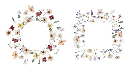 Watercolor Frame with Summer Meadow Flowers and Herbs