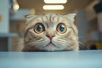 Surprised scottish fold cat with wide eyes in indoor setting
