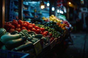 Moody and atmospheric shot of vegetables in a dimly lit market. Selective focus, low-key lighting, street photography style