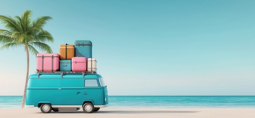 Fototapeta premium Vintage van with colorful luggage against clear blue beach backdrop