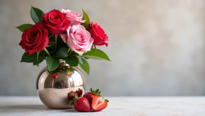 Fresh Roses and Strawberries in a Mercury Glass Vase, mercury glass, fruit