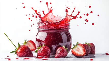 A jar of strawberry jam with a splash, surrounded by fresh strawberries on a white background, creating a vibrant and appetizing scene.