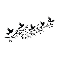 Branch with flying birds minimalist silhouette design
