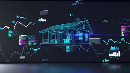 Holographic 3d House with data analysis and graph - Powered by Adobe