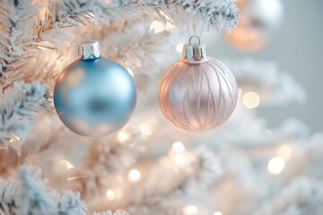 Elegant blue and pink christmas ornaments on frosted tree with twinkling lights