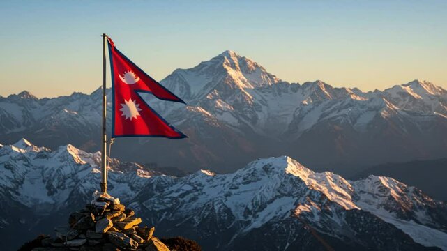 Nepal flag waving on mountain peak at sunset. 4K Video