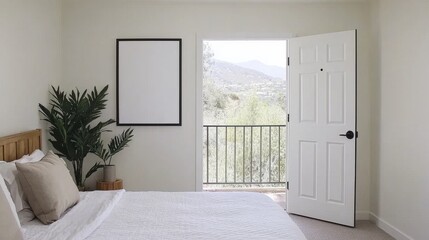 Fototapeta premium Serene Bedroom with Modern Decor and Open Door to Scenic View