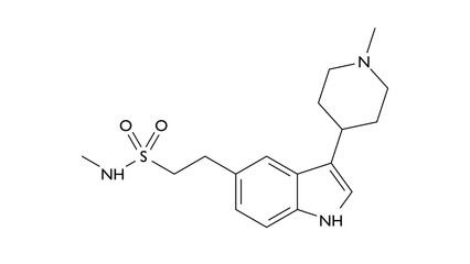 naratriptan molecule, structural chemical formula, ball-and-stick model, isolated image antimigraine agents