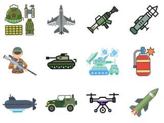 Military Weapons Icon Set – Linear Color Editable Stroke Collection