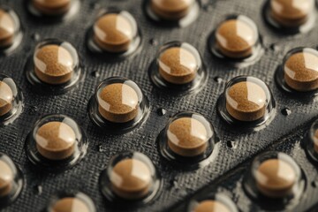 Brown capsules in blister pack on textured black background highlighting pharmaceutical design
