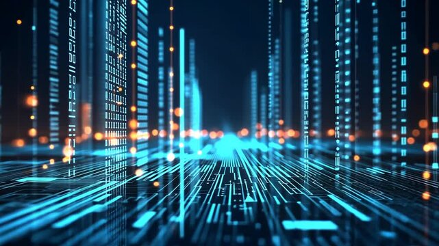 Abstract digital technology visualization with glowing data streams and circuit board patterns