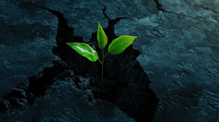 A single green plant emerges from cracked dark soil, symbolizing resilience and hope in a harsh environment.