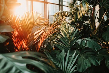 Fototapeta premium Lush tropical plants bathed in sunlight