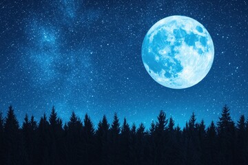 Serene Night Sky with Full Moon and Starry Background Over Forest