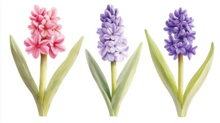 Obraz premium Delicate watercolor hyacinths in soft purple and pink tones, set of three botanical illustrations on white.