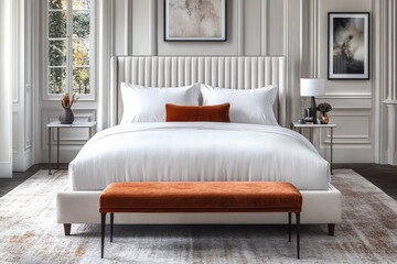 Modern elegant king-size bed frame with cream fabric, low headboard, wooden legs, and colorful throw blanket in cozy bedroom setting