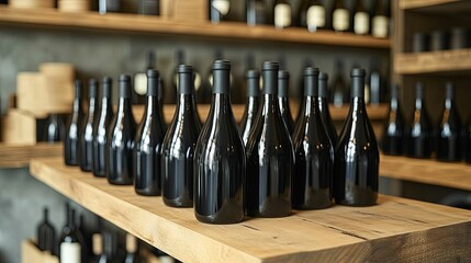 Rows of dark wine bottles on wooden shelves.