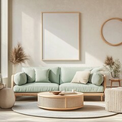 Modern light-filled living room with mint green sofa