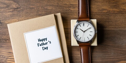 fathers day gift, a sleek wristwatch in a classy gift box with a happy fathers day card next to it, on a wooden table