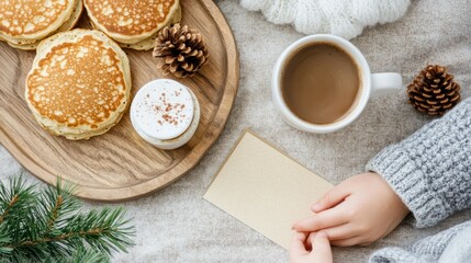 father-child breakfast bonding, a father and child enjoy a touching breakfast in bed, complete with pancakes, coffee, and a fathers day card