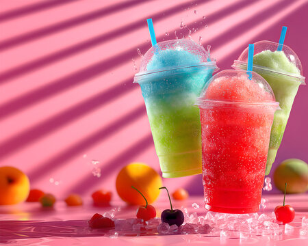 Creative food template. Three colorful slushie slushy frozen flavored blended icy drinks with liquid droplet splash splashing on ice and fruits surround soft shadow pink background. copy text space.  