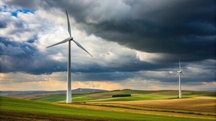 Wind turbines on green landscape under cloudy sky