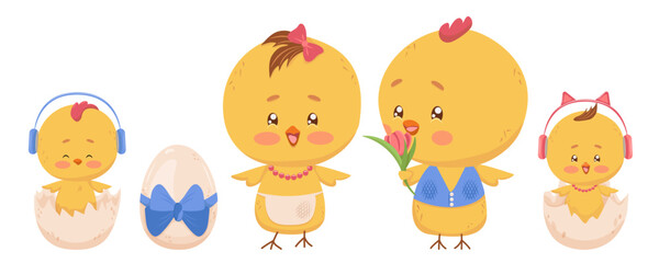 Friendly family hen and rooster with chicks. Isolated vector drawings egg, different sex yellow chicks in shell, mom - hen, dad - rooster. Cute stylized characters. Holiday design Easter, Family Day.