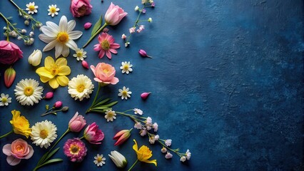 spring flowers scattered on dark blue background, delicate, spring,  delicate,spring