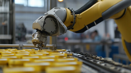 Fototapeta premium Close-up view of robotic arm working on assembly line Generative AI