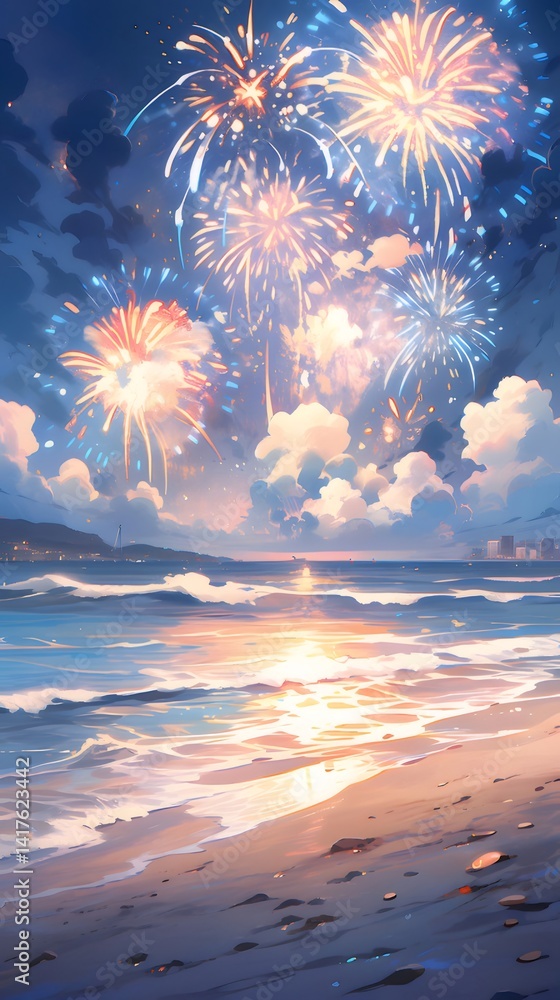 Poster 夜空に咲く鮮やかな花火と輝く海辺の風景 ビーチと夏の夜の祝祭をテーマにした鮮やかな色彩
