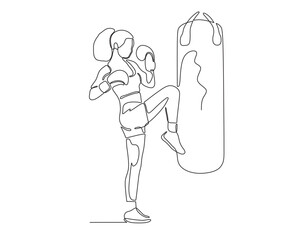 One line drawing of a woman training with a punching bag. Minimalist vector illustration of a female boxer or martial artist practicing kicks, symbolizing strength, discipline, and fitness.