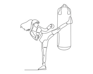One line drawing of a woman kicking a punching bag. Minimalist vector of female kickboxer in training, symbolizing strength, focus, and determination in combat sports.