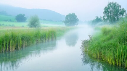 Obraz premium Misty River Morning: Serene Landscape in Soft Light